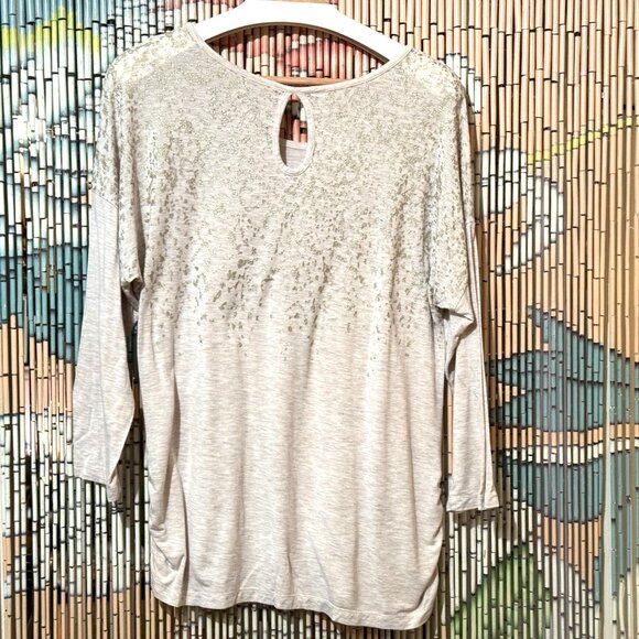Tunic Shirt with Side Ruching/Back Keyhole, Abstract Sparkles, Heathered Oatmeal - Picture 2 of 15